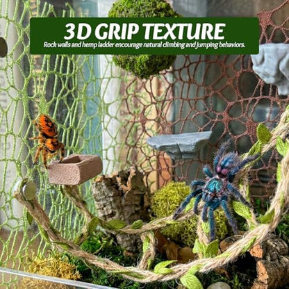 Jumping Spider Enclosure Accessories Kit - Magnetic Moss Ball Hideout, 2 Rock Ledges, Feeding Bowl, Climbing Mesh Nets & Rope Ladder - Natural Forest Habitat Decor for Regal (Moss Cave)