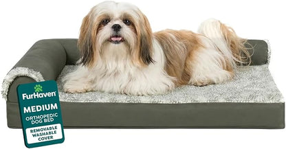Furhaven Orthopedic Dog Bed for Medium/Small Dogs w/ Removable Bolsters & Washable Cover, For Dogs Up to 35 lbs - Two-Tone Plush Faux Fur & Suede L Shaped Chaise - Dark Sage, Medium