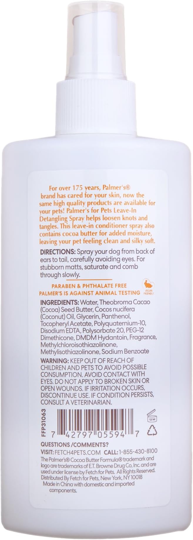 Palmer's for Pets Detangling & Conditioning Spray with Cocoa Butter 8 Fl Oz; Leave-in Dog Conditioner with Vitamin E and Cocoa Butter, De-Matting Spray for Dogs