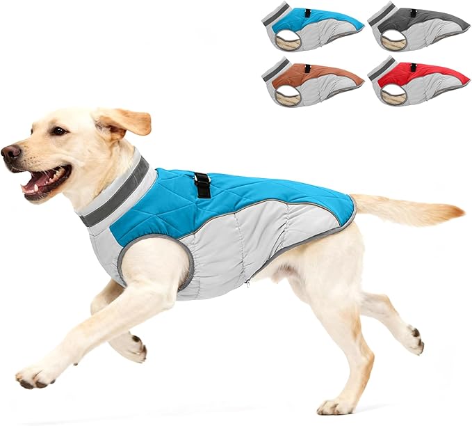 Dog Winter Coat for Large Dogs, Adjustable Puppy Warm Jackets in Cold Weather, Reflective Pet Fleece Vest with External Attachment Points, ZippeBlue Cold-Weather Dog Winter Clothes, L Blue