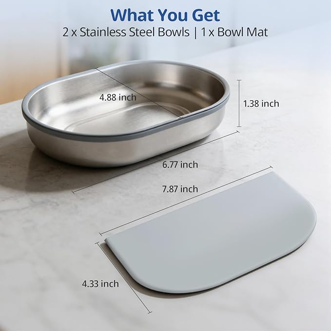 Stainless Steel Bowl & Mat Set for Automatic Microchip Cat Feeder, 2 SUS304 Bowls + 1 Mat, Sealing Ring, Keep Food Fresh, Easy to Clean