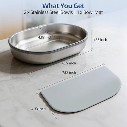 Stainless Steel Bowl & Mat Set for Automatic Microchip Cat Feeder, 2 SUS304 Bowls + 1 Mat, Sealing Ring, Keep Food Fresh, Easy to Clean