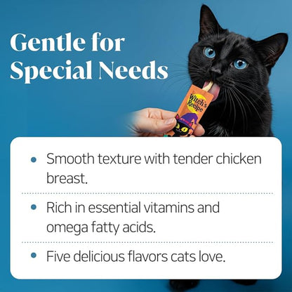 Witch's Recipe Lickable Cat Treats, Creamy Squeezable Puree, Grain-Free, 100 Tubes, Chicken Tuna Salmon goatmilk Capelin Flavors 0.5oz Each Tube