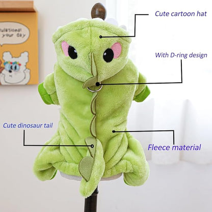 Dinosaur Dog Costume, Winter Dog Pajamas for Small Dogs, Warm Puppy Hoodies, Blue Cold Weather Coat for Cat, Warm Pet Clothes for Christmas Halloween. (Green-2, Large)