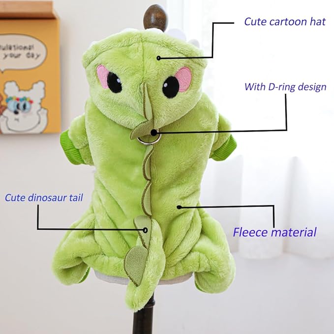 Dinosaur Dog Costume, Winter Dog Pajamas for Small Dogs, Warm Puppy Hoodies, Blue Cold Weather Coat for Cat, Warm Pet Clothes for Christmas Halloween (Green-2, Medium)