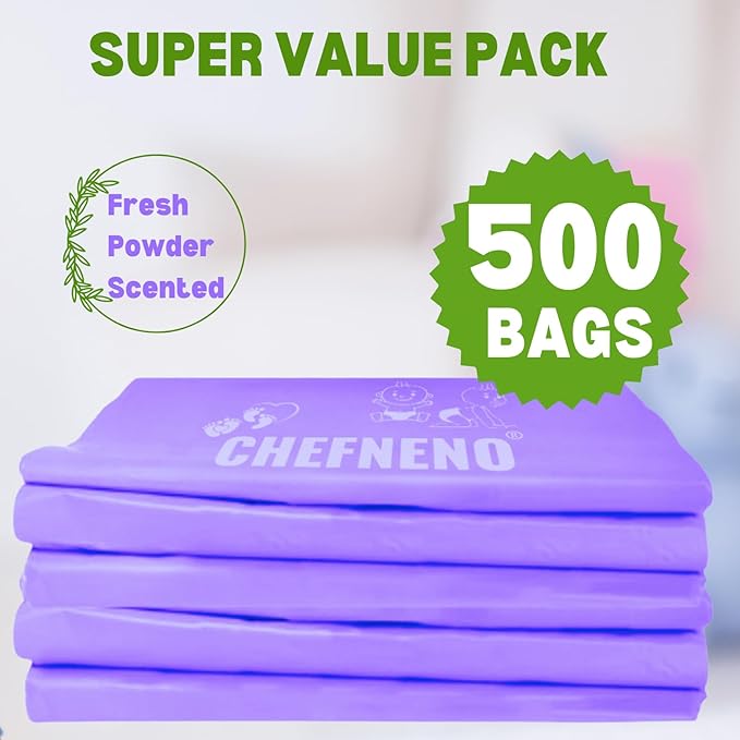 Disposable Baby Diaper Bags (500 Bags) Fresh Powder Scented Easy Tie Handles epi Eco-Friendly Diaper Disposable Sacks Dog Poop Bags Cat Litter Waste Bags (Fresh Powder, 500 ct.)