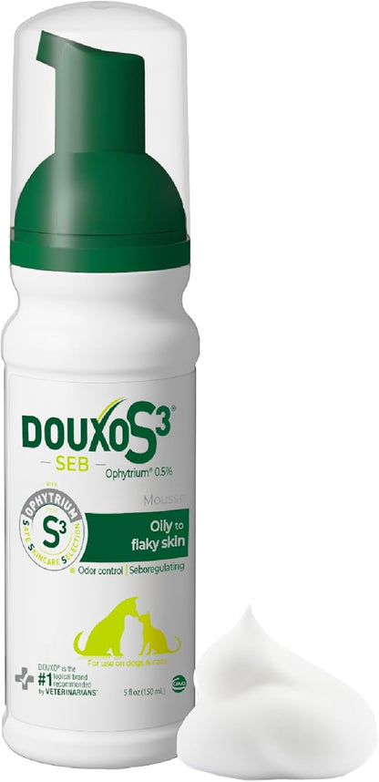 Douxo S3 Seb Mousse, Contains 0.5% Ophytrium, Odor Control & Seboregulating, For Oily to Flaky Skin, Seborrhea, For Dogs and Cats, 5.1 fl. oz. (150mL)
