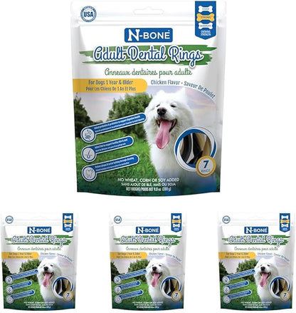N-Bone Adult Dental Rings Chicken Flavor Dog Treats, 7 Count 9.8-oz Bag, Brown, 1 Count (Pack of 4)