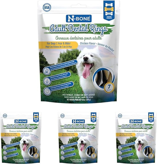N-Bone Adult Dental Rings Chicken Flavor Dog Treats, 7 Count 9.8-oz Bag, Brown, 1 Count (Pack of 4)