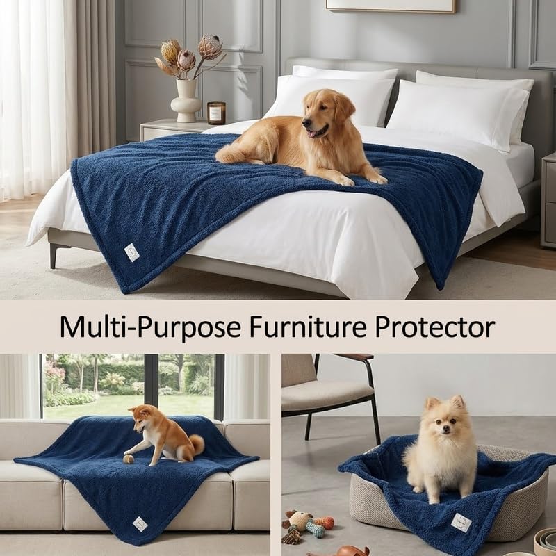 Navy Blue Dog Blanket for Pets Reversible Fluffy Pet Bed Cover Mats Waterproof Puppy Blankets Leakproof Sofa Couch Washable Cover Cat Pet Blanket for Warm-Navy Blue,M