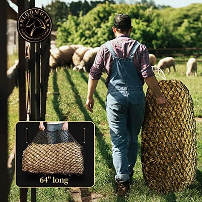 Bloomoak Slow Hay Net Feeder for Horses, Durable Soft Black PE 2String Hay Bales Bags with 2" Hole, Fit 36 * 18 * 18" Square Bale Easily…