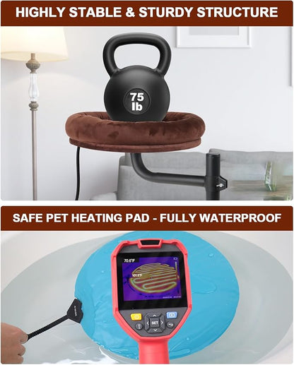 Heated Cat Bed for Desk Indoor, Heated Pet Bed Hammock for Home Office Workspace with Adjustable Mount & 360° Rotation Arm, Small Cute Raised Round Cat Pet Bed Heater Cat Window