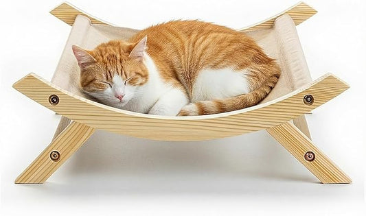 CallieCo Wooden Cat Hammock Bed, Modern Elevated Pet Lounger with Premium Wooden Frame & Breathable Fabric, Stylish Indoor & Outdoor Cat Bed for Cats & Small Dogs - Ivory