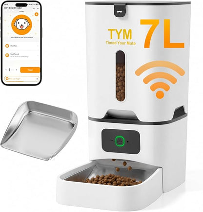 7L Automatic Cat Feeder, WiFi Timed Food Dispenser for Cats Small Pets | Large Capacity | Programmable | 2–4 Weeks Food Storage | Weight / Diet Control | Stainless Steel Bowl | Dual Power Supply