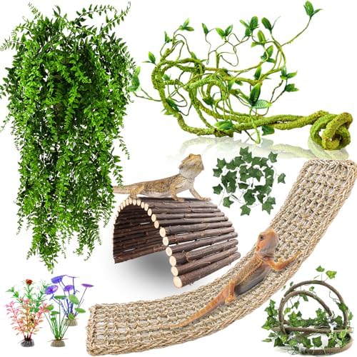 RUNANIA Bearded Dragon Tank Accessories, 10 PCS Reptile Hammock Plants Bridge Jungle Climber Vines for Snakes Bearded Dragon Chameleon Gecko Lizard