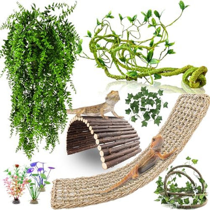 RUNANIA Bearded Dragon Tank Accessories, 10 PCS Reptile Hammock Plants Bridge Jungle Climber Vines for Snakes Bearded Dragon Chameleon Gecko Lizard