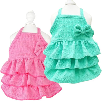 2 Pack Summer Dog Dresses with Bow Girl Puppy Clothes for Small Dog Spring Cat Outfit Sleeveless Pet Tiered Layered Cake Dress for Kitten Chihuahua Pomeranian Yorkie (Pink Blue, X-Large)