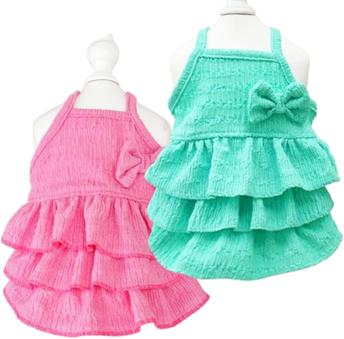 2 Pack Summer Dog Dresses with Bow Girl Puppy Clothes for Small Dog Spring Cat Outfit Sleeveless Pet Tiered Layered Cake Dress for Kitten Chihuahua Pomeranian Yorkie (Pink Blue, Large)