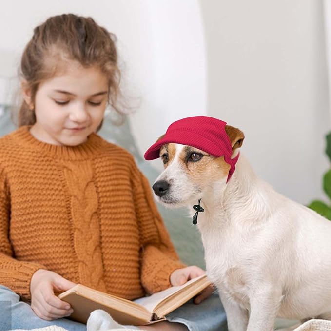 Dog Baseball Cap, Dog Cat Summer Beach Visor Hat with Ear Holes, Adjustable Puppy Sunbonnet Headdress (Red, X-Small)