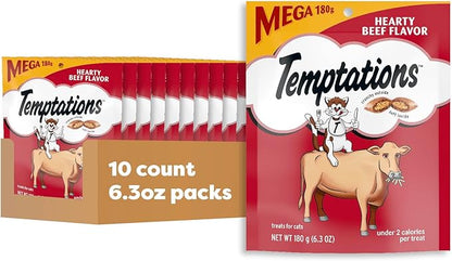 Temptations Classic Soft Cat Treats, Hearty Beef Flavor, Crunchy Cat Treats, 6.3 oz. Pouch (Pack of 10)