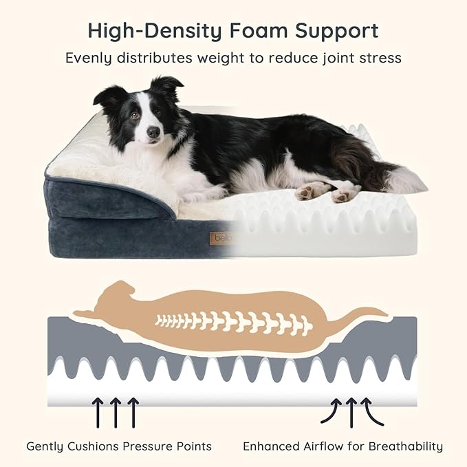 BELLA & PAL Orthopedic Dog Sofa Bed for Medium/Large Dogs – No Assembly Needed, Egg-Crate Foam Dog Couch with Waterproof Liner, Washable Removable Cover, Non-Slip, 36x27x6.5Inch, Grey