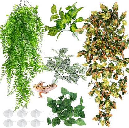 Hamiledyi Reptile Plants for Terrarium Hanging Fake Leaves with Suction Cup
