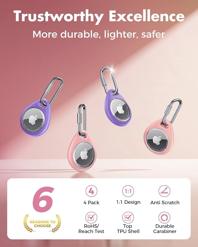 UNBREAKcable for AirTag Holder Case with Professional Carabiner, 4 Pack | Waterproof, Shockproof, Hold Securely, Easy to Install, Protective AirTag Keychain for Keys, Pets, Luggage-Pink&Purple