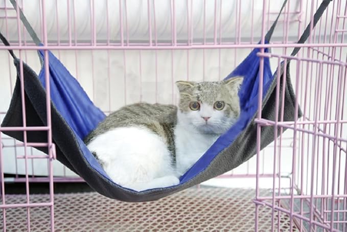 2 Sides Cat Kitty Hammock Hanging Bed - Waterproof Hammock Fleece Warm Swing Bed for Cat Ferret Rabbit Bunny Small Animal Cage Hammock (Small, Blue)