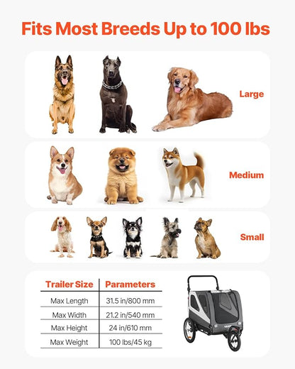 VEVOR Dog Bike Trailer, Supports up to 66/88/100 lbs, 2-in-1 Pet Stroller Cart Bicycle Carrier, Easy Folding Cart Frame with Quick Release Wheels, Universal Bicycle Coupler, Reflectors, Flag