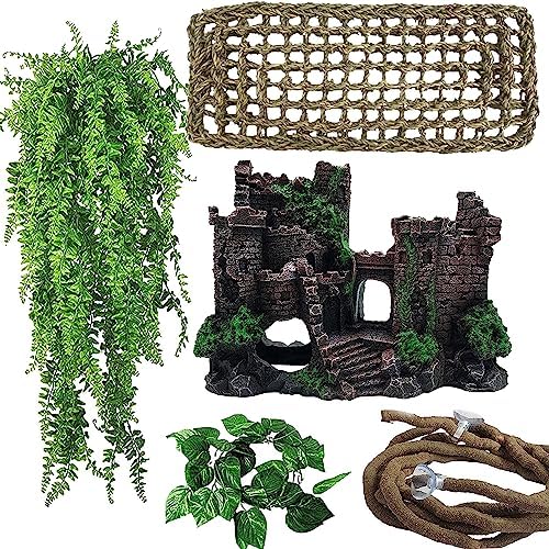 5 PCS Tank Accessories for Bearded Dragon Include Resin Classical Castle Reptile Climb Habitat Decor Hanging Jungle Vines Flexible Leaves Climbing Decor for Lizard Gecko Chameleon Spider