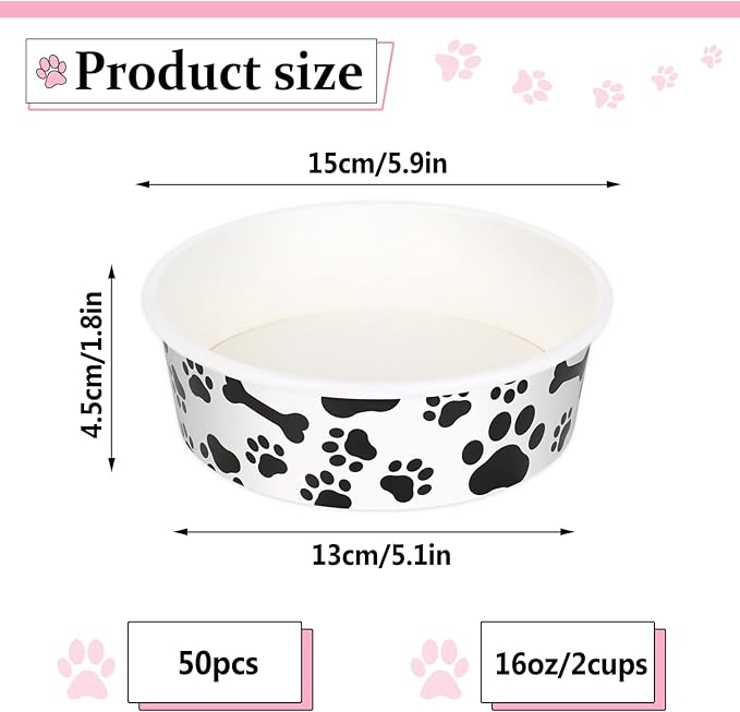 Whaline 50Pcs Pets Disposable Feeding Bowls 16 oz 2 Cup Black White Cute Design Paper Dog Cat Bowls Bulk Bone and Paw Pattern Pets Travel Bowl Serving Water Food Tray for Puppy Kitten Small Dogs Cats