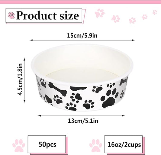 Whaline 50Pcs Pets Disposable Feeding Bowls 16 oz 2 Cup Black White Cute Design Paper Dog Cat Bowls Bulk Bone and Paw Pattern Pets Travel Bowl Serving Water Food Tray for Puppy Kitten Small Dogs Cats
