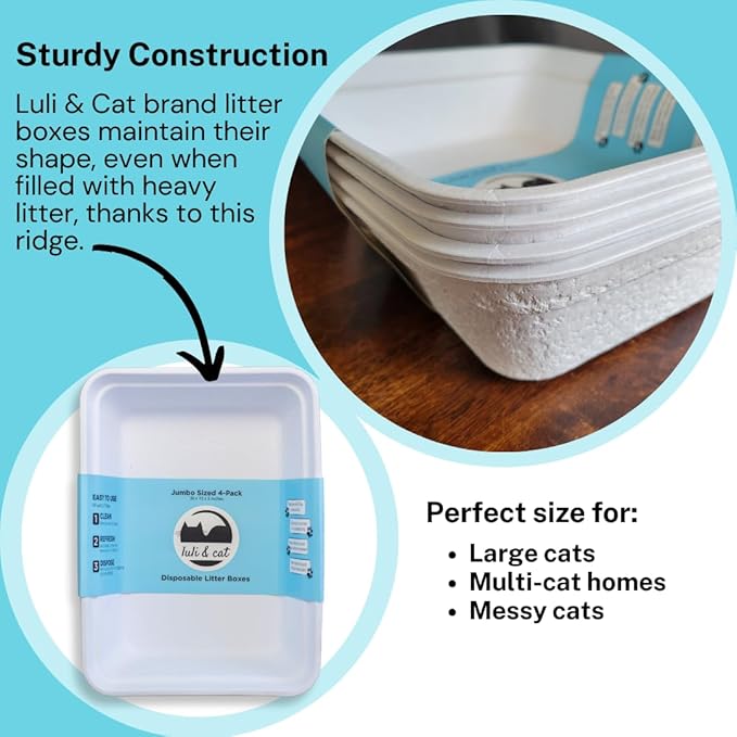 Luli & Cat Disposable Litter Box | Jumbo Sized White Colored 4-Pack | Durable and Water Resistant