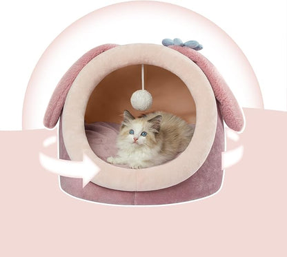 Jiupety Cute Cat Bed for Indoor, Cats Warm Soft Cave Fit for 6-10 lb Cat, Pink Rabbit, M