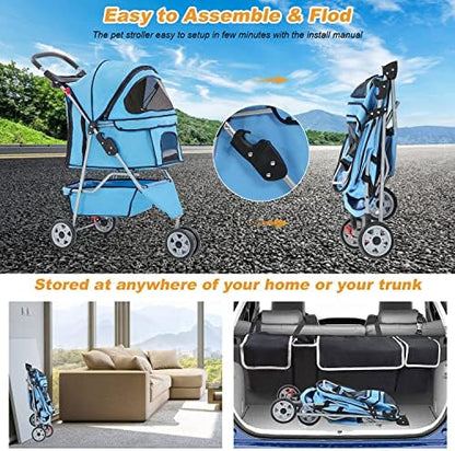 BestPet | 3-Wheel Foldable Pet Stroller | Blue | Lightweight & Portable