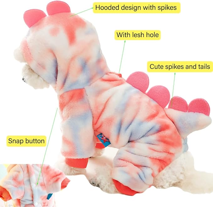 Dinosaur Dog Clothes for Small Dog Girl Boy, Fleece Winter Puppy Hoodies with Leash Ring, Cold Weather Coat for Cat, Funny Dinosaur Costume for Christmas Halloween (Pink, Medium)