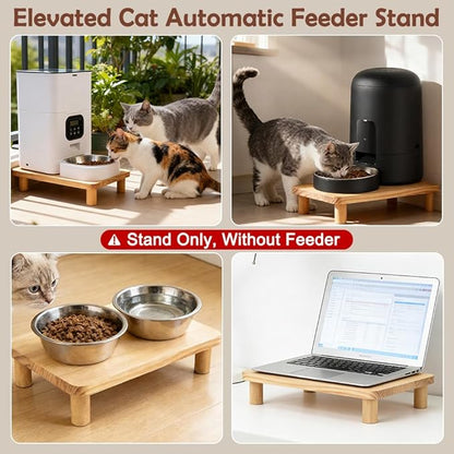 SZEE Cat Food Stand, Elevated Cat Feeder Stand for Automatic Feeder & Bowls | Lifted Cat Food Table Station, Raises Feeder/Bowl by 2 3/8", Relieves Spine and Joints Noticeably on Pets - Solid Pine Wood