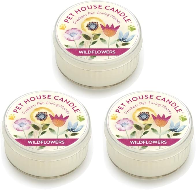 Pet House Mini Candles for Pet Odor Made with Natural Soy Wax, Plant Based, Dog and Cat Friendly Scented Candles, Wildflowers Pack of 3