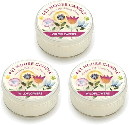 Pet House Mini Candles for Pet Odor Made with Natural Soy Wax, Plant Based, Dog and Cat Friendly Scented Candles, Wildflowers Pack of 3