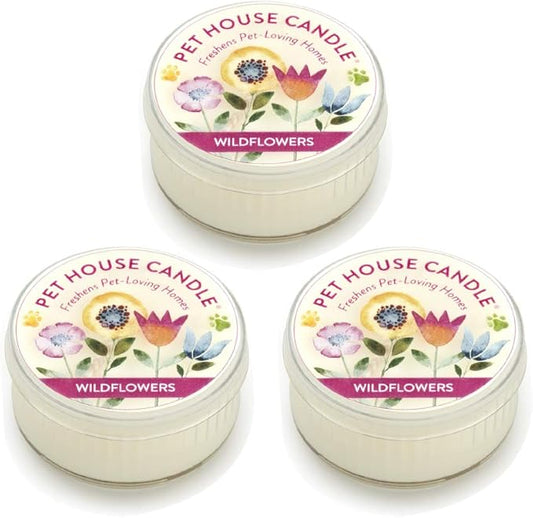 Pet House Mini Candles for Pet Odor Made with Natural Soy Wax, Plant Based, Dog and Cat Friendly Scented Candles, Wildflowers Pack of 3