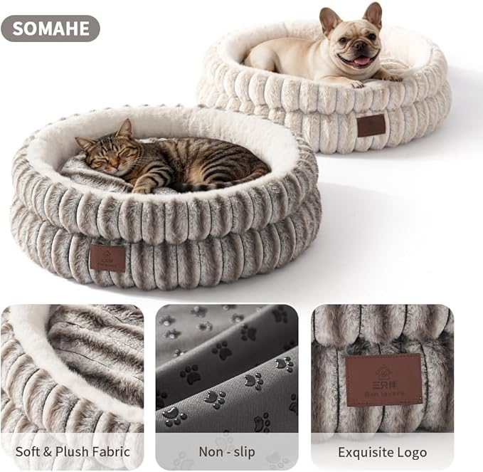 Cat Bed, Round Plush Faux Fur Donut Cuddler – Machine Washable Calming Cat Bed for Indoor Cats & Kittens, Removable Cushion Non-Slip Fluffy Kitten Bed, Cozy Small Cat Nest, 20" Inch Coffee