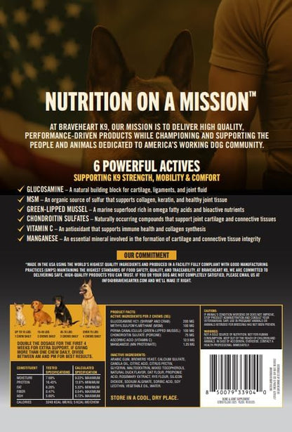 Dog Joint Supplement – Hip & Joint Chews for Dogs | Glucosamine, Chondroitin, MSM & Green Lipped Mussel | Supports Mobility & Cartilage | Braveheart K9 | Made in USA