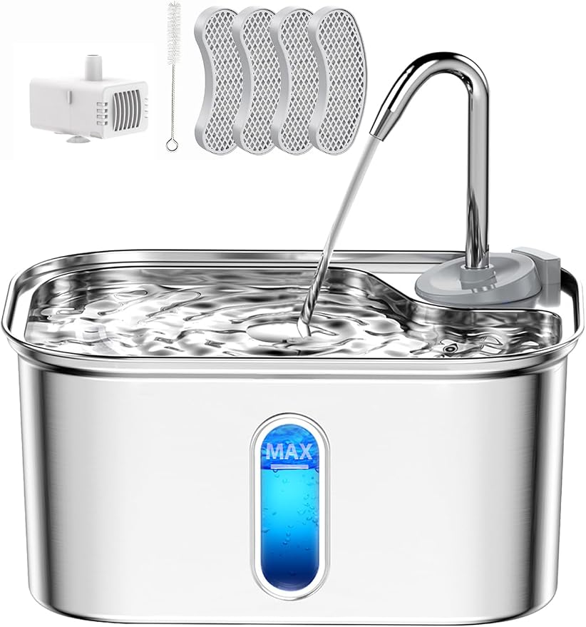 Cat Water Fountain Stainless Steel for Cats Indoor 2.5L 85oz by BPA-Free SUS304, Effective 6-Layer Filter Cat Fountain for Drinking 20dB Ultra Quiet Metal Pet Water Fountain (Fountain+4 Filters)