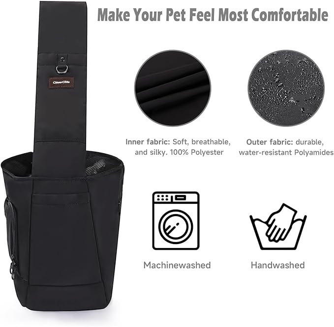 Pet Sling Carrier for Small to Medium Dogs and Cats, Fits 10–20lbs, Adjustable Soft Padded Shoulder Strap Dog Sling Carrier with Storage Pocket for Hands-Free Outdoor Travel & Hiking Black