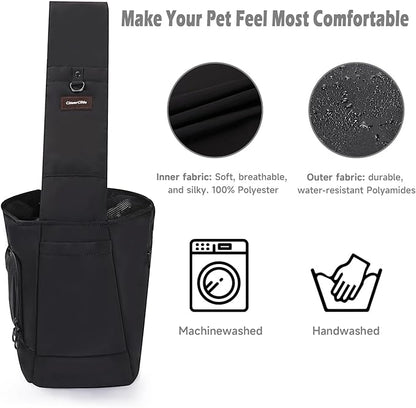 Pet Sling Carrier for Small to Medium Dogs and Cats, Fits 10–20lbs, Adjustable Soft Padded Shoulder Strap Dog Sling Carrier with Storage Pocket for Hands-Free Outdoor Travel & Hiking Black