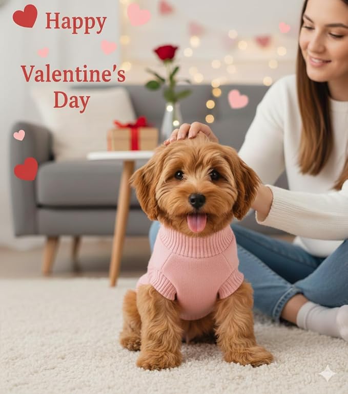 Pullover Valentines Dog Sweater, Cable Knitwear, Classic Turtleneck Warm and Soft Clothes for Chihuahua, Bulldog, Dachshund, Pug, Yorkie,Dog Outfits for Small Dogs Medium Dogs, (Pink M)