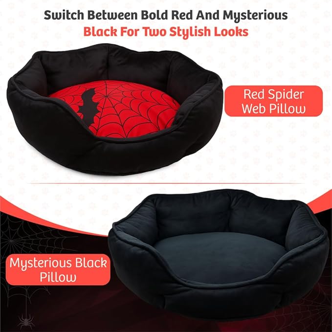 Gothic Cat Bed, 20 Inches Reversible Red and Black Cat Bed for Indoor Cats, Super Soft Plush Pet Bed with Cozy Spider Web Pillow and Secure Non-Slip Bottom