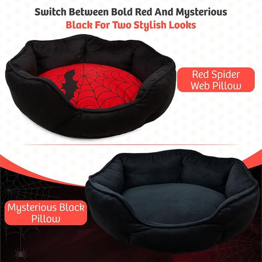 Gothic Cat Bed, 20 Inches Reversible Red and Black Cat Bed for Indoor Cats, Super Soft Plush Pet Bed with Cozy Spider Web Pillow and Secure Non-Slip Bottom