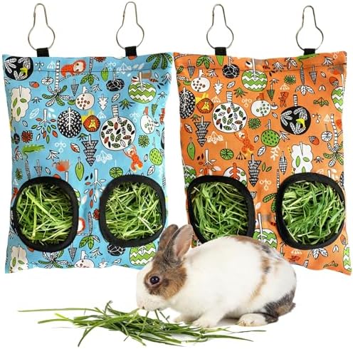 Rabbit Hay Feeder Bag, Guinea Pig Hay Feeder for Cage Small Animal Hanging Feeding Bags Rabbit Hay Dispenser Storage for Rabbits Guinea Pigs Bunnies Chinchillas (Orange,Light Blue, 2 Hole)