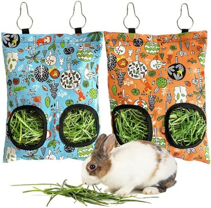 Rabbit Hay Feeder Bag, Guinea Pig Hay Feeder for Cage Small Animal Hanging Feeding Bags Rabbit Hay Dispenser Storage for Rabbits Guinea Pigs Bunnies Chinchillas (Orange,Light Blue, 2 Hole)